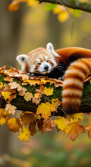 Red Panda Resting Amidst Autumn Foliage A Peaceful Nature Scene with a Sleeping Animal