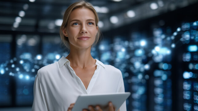 Modern data center interior, female IT engineer walking between rows of servers with a digital tablet, holographic network graphs hovering in the air for real-time analysis female