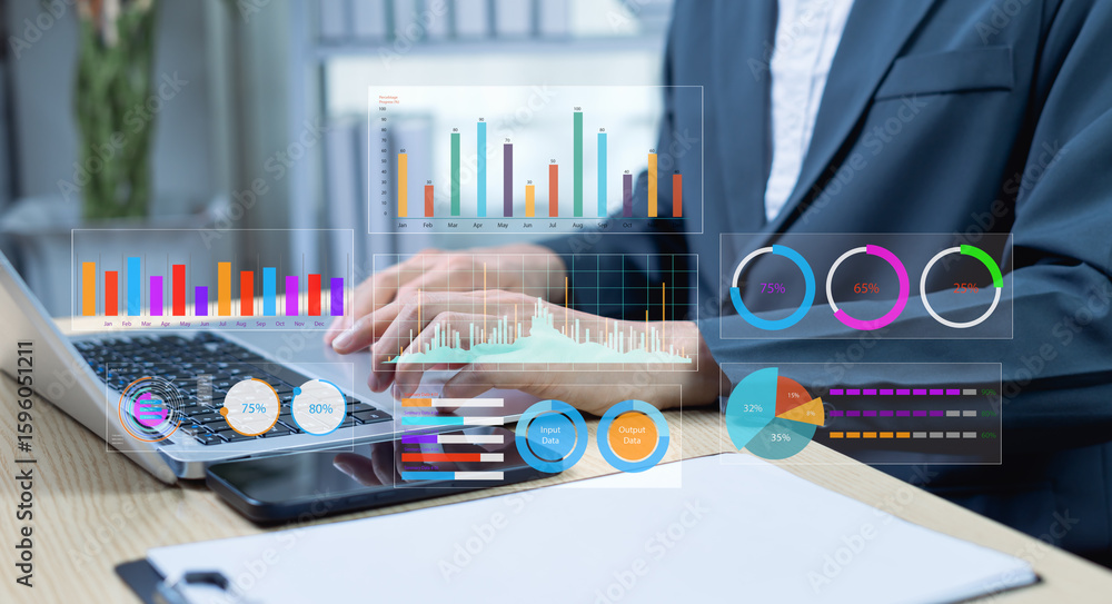 Poster businessman using financial analytics dashboard. concept of business intelligence data-driven decisi