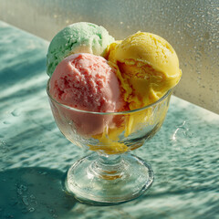 a vanilla , mint and strawberry ice cream in a glass cup