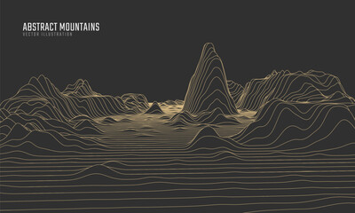 Contour mountain landscape. Waved line art. Abstract minimal topographic map. Contour lines with elevations and terrain depth. Vector illustration.