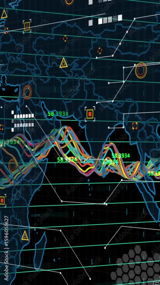 Poster animation of financial data processing over world map on black background