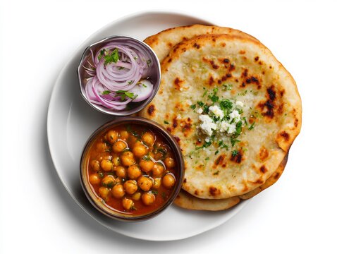 Overhead shot of kulcha stuffed paneer served with chole and onion salad vibrant North Indian meal traditional street food style isolated on white background