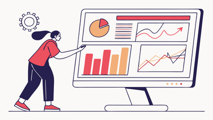 Woman Analyzing Business Data on Large Computer Monitor.