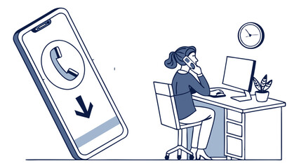 Woman on Phone at Desk with Incoming Call Icon.