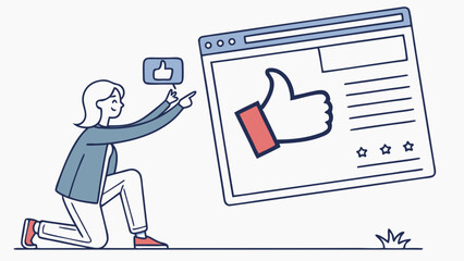 Woman Interacting with Social Media Thumbs Up Icon.