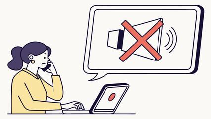 Woman on Phone with Laptop Showing Mute Symbol.