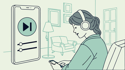 Woman Listening to Music on Phone with Headphones.