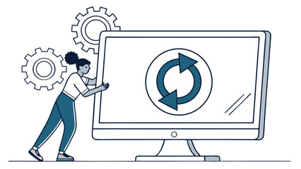 Woman Pushing a Computer with Refresh Icon and Gears.