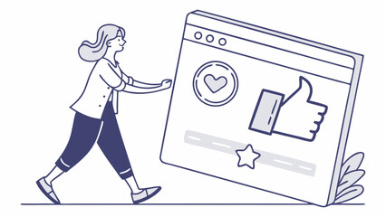 Woman pushing a social media interface with like heart and star icons.