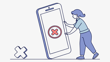Woman Pushing Oversized Smartphone with Rejection Symbol.