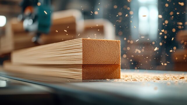 Dynamic shot of a woodworking conveyor belt, capturing wooden planks being cut, sanded, and assembled with sawdust and tools enhancing the industrious atmosphere.