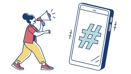 Woman with Megaphone Promoting Hashtag on Smartphone Screen.
