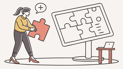 Woman with Puzzle Piece Completing a Screen Puzzle.