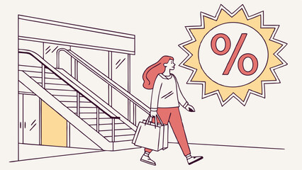 Woman with shopping bags near escalator and percentage discount sign.