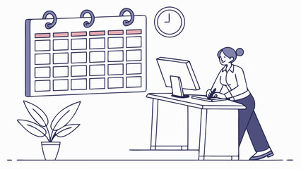 Woman working at desk with computer calendar clock and plant.