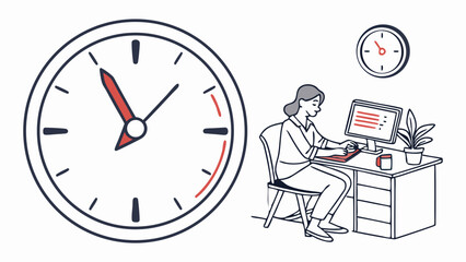 Woman working at desk with computer and clock illustrations.