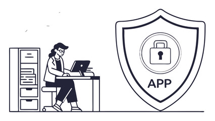 Woman Working on Secure App Development Protected by Shield Icon.