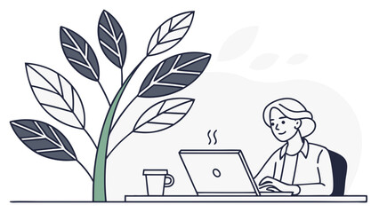 Woman Working on Laptop with Plant and Coffee Cup Illustration.