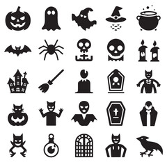 Halloween themed icons including pumpkin, ghost, witch, and spooky creatures in black
