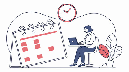 Woman working at desk with laptop calendar and clock illustration.