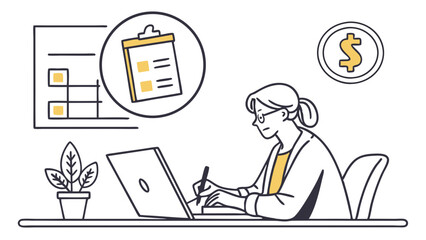 Woman working at desk with laptop chart clipboard plant and dollar.