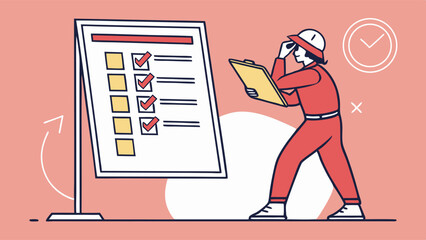 Worker Reviewing Checklist on Stand and Clipboard.