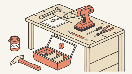 Workshop Tools Arranged on a Wooden Table.