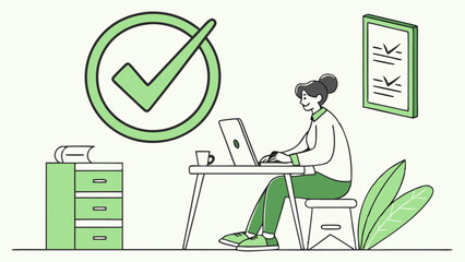 Woman Working on Laptop with Checkmarks and Checklist.