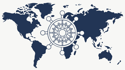 World Map with Dharma Wheel Symbol Overlay in Blue.