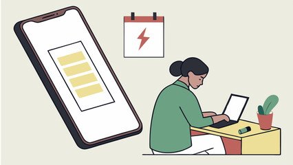 Woman Working on Laptop with Low Smartphone Battery.