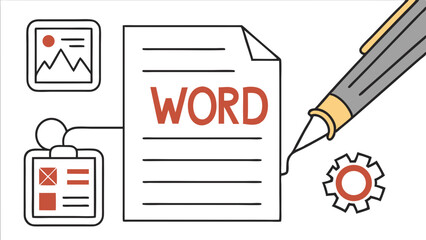 Word Processing Concept with Document Pen Gear and Other Icons.