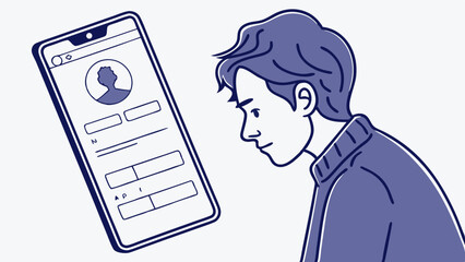 Young Man Examining Smartphone Interface with Profile Icon.