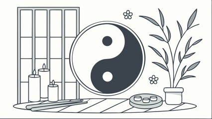 Yin Yang Symbol with Candles Plants and Decorative Elements.