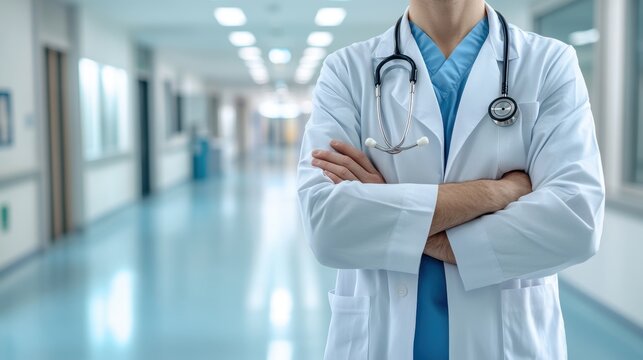 Closeup of a healthcare professional in scrubs with arms crossed and a stethoscope around their neck,Doctor against a blurred background of medical staff in a hospital,clinic setting,Healthcare.