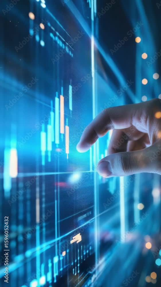 Poster hand touching futuristic digital display, conceptual stock depicting tech advancement in a business 