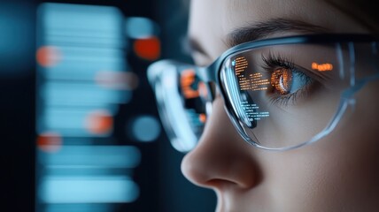 Futuristic digital interface scanning female eyes with holographic screens and glowing graphics in a high-tech lab.