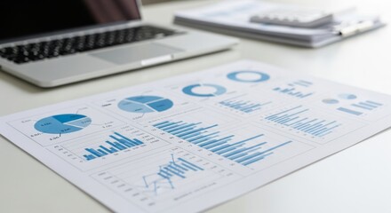 A closeup view of data charts and graphs on a desk with a laptop, representing business analysis and finance