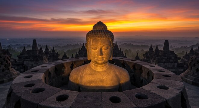 A serene Buddha statue sits centered, surrounded by ancient temple structures, against a colorful sunset.