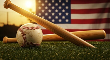 Baseball bats and ball on a field with an American flag in the background.