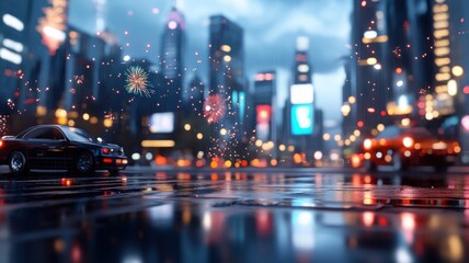 Fototapeta premium Cityscape skyline illuminated by fireworks with colorful bokeh lights.