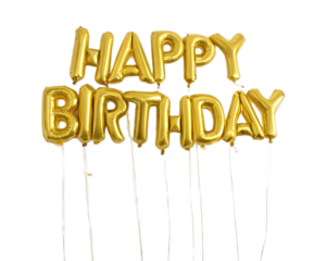 A celebratory display of golden happy birthday balloons against a dark black background space above