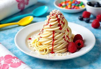 Spaghetti Ice Cream With Strawberry Sauce And Whipped Cream
