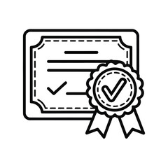 Certification of Achievement: Depicting a black outline of a certificate of achievement featuring check marks and a seal, symbolizing validation, success, and official recognition of accomplishment.