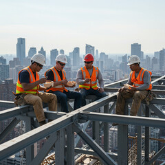 Construction Workers Lunch Break High Above the City in Steel Skeleton Structure.