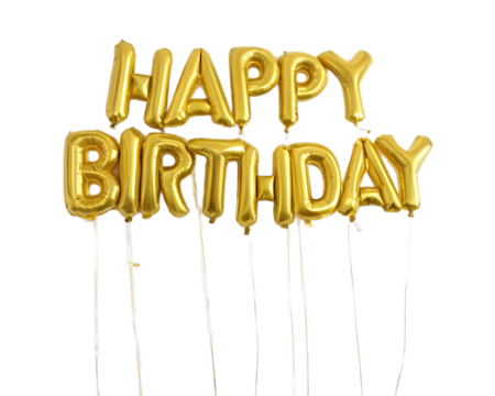 A celebratory display of golden happy birthday balloons against a dark black background space above