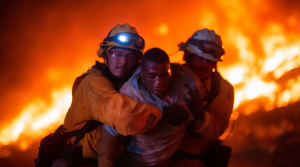 Firefighters carrying a rescued person away from burning wreckage, dramatic fire in background fire rescue, hero moment, burning wreckage, saved life, firefighters, emergency scene