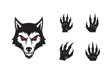 Wolf Head and Claw Silhouettes with Red Eyes on White Background