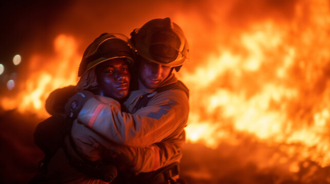 Firefighters carrying a rescued person away from burning wreckage, dramatic fire in background fire rescue, hero moment, burning wreckage, saved life, firefighters, emergency scene