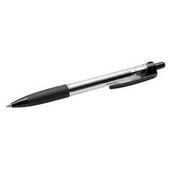 A sleek black and silver retractable ballpoint pen with a textured grip isolated on transparent background
